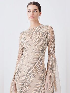 Karen Millen Nude sequin embellished maxi dress long sleeve, lined size 4 NEW
